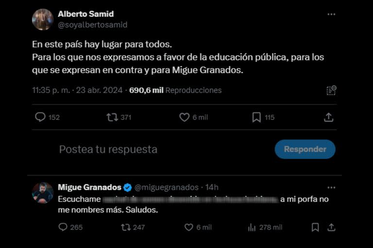 Migue Granados estalló de furia contra Alberto Samid (Captura X)