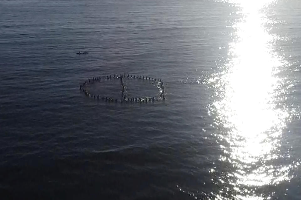 In this drone image made from video, surfers form a cancel symbol in the water of Byron Bay, Australia, Tuesday, April 20, 2021. Around 100 surfers paddled to sea to form a cancel symbol in the hope that Netflix will can the series about social media influencers. Angry Byron Bay locals are protesting the filming of a reality television series that some fear will damage the reputation of their trendy Australian tourist town. (Australian Broadcasting Corporation via AP)