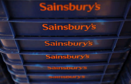 Shopping baskets are displayed at a Sainsbury's store in London, Britain April 30, 2016. Photograph taken April 30, 2016. REUTERS/Neil Hall/File Photo