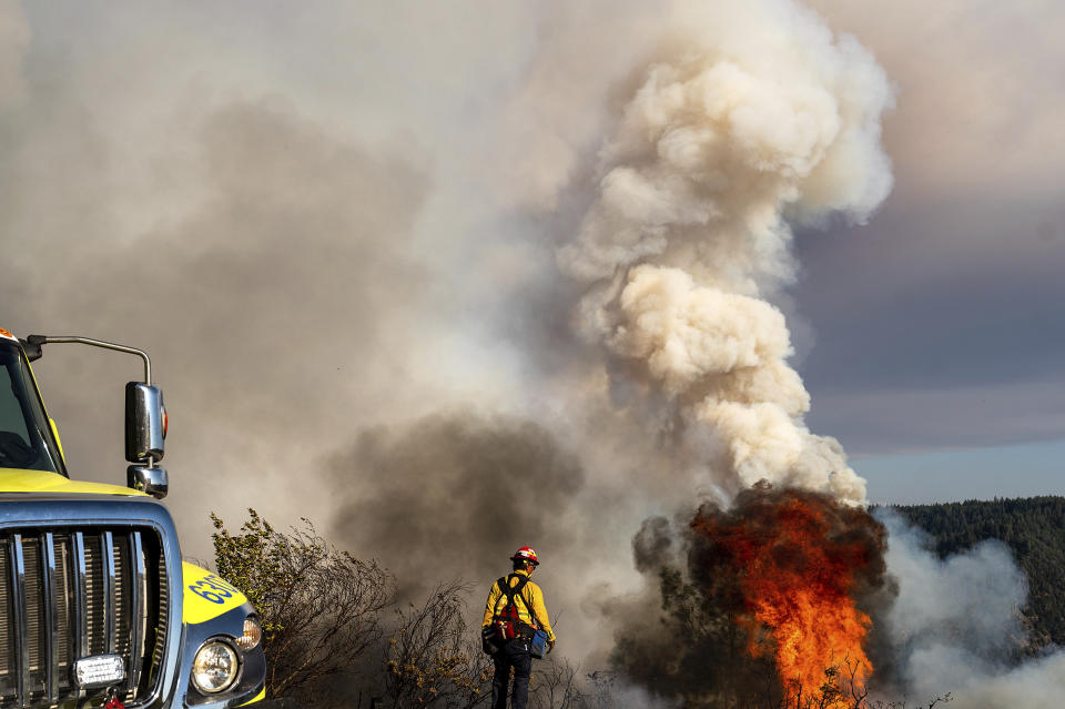 While battling the Mosquito Fire, a firefighter watches vegetation burn along Mosquito Ridge Rd. near the Foresthill community in Placer County, Calif., on Thursday, Sept. 8, 2022. (AP Photo/Noah Berger)