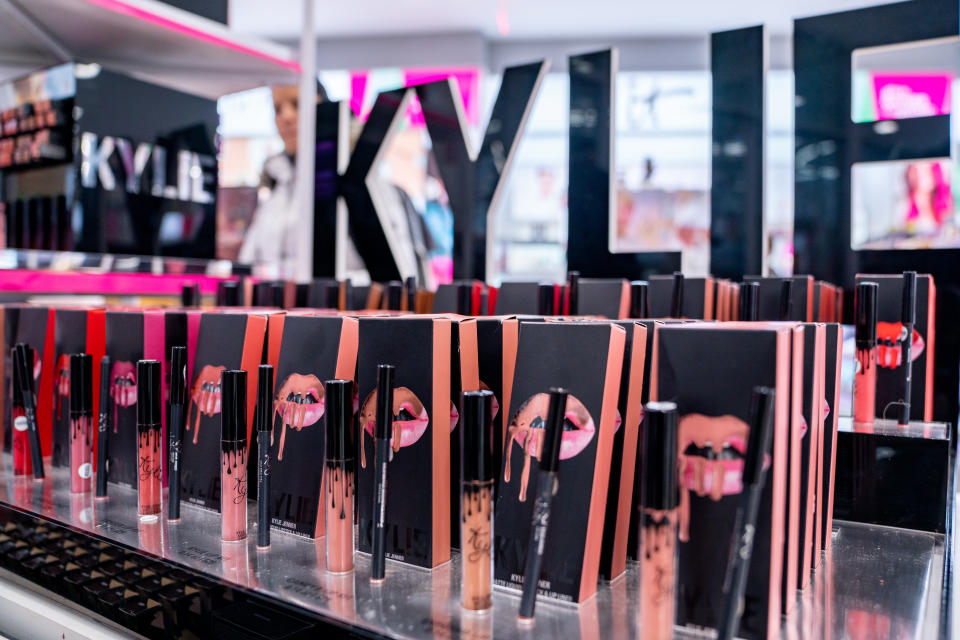 NEW YORK, NY - NOVEMBER 18:  Kylie Cosmetics are displayed at Ulta beauty on November 18, 2019 in New York City. Kylie Cosmetics has sold a controlling stake to Coty Inc for a reported $600 Million. Coty Inc plans to buy 51% and the controlling share of Kylie Cosmetics, valuing it at $1.2 billion. Kylie Jenner will remain the public face of the brand. (Photo by David Dee Delgado/Getty Images)