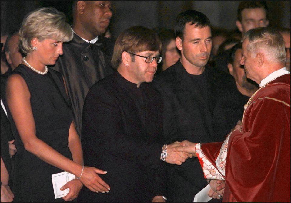 Princess Diana at Gianni Versace’s funeral with Elton John in July 1997. Also in attendance was Anna Wintour, Sting and designer Karl Lagerfeld. Source: Getty