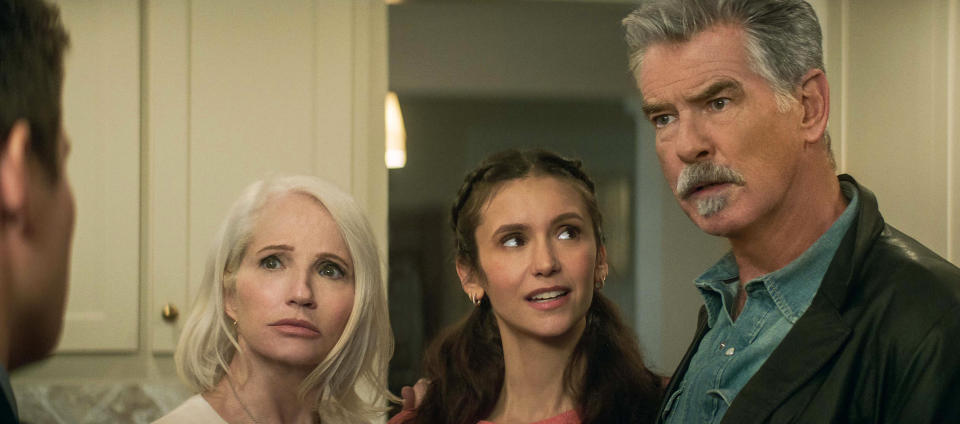 Ellen Barkin as Lilly, and Nina Dobrev as Parker, and Pierce Brosnan as Billy in 