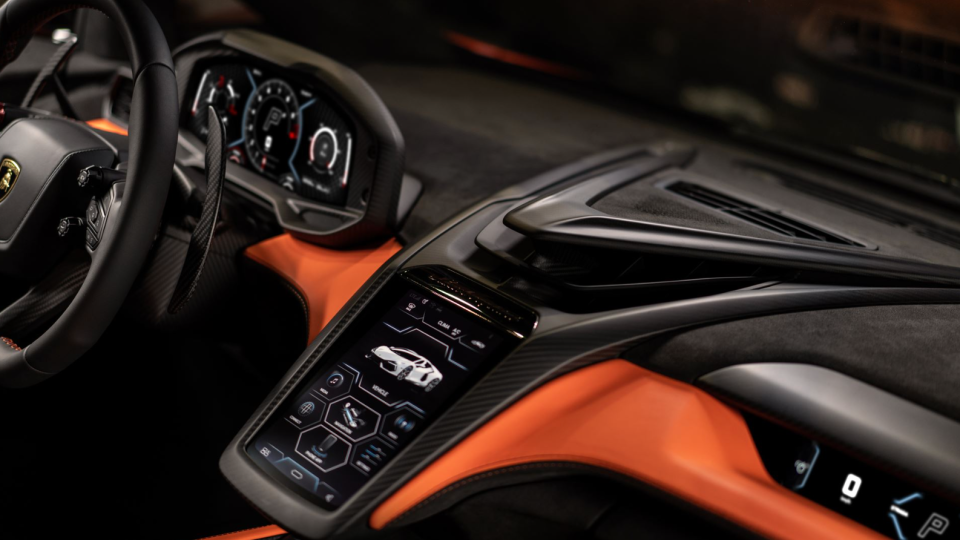 The tech-forward interior of the Lamborghini Revuelto.