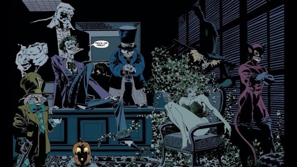 A number of Batman villains pose together in The Long Halloween comics panel