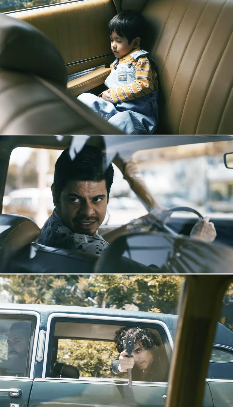 A man pointing a gun out the window of a car in a scene from "Griselda"