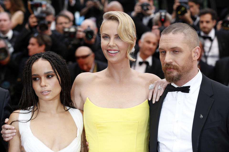 CANNES, FRANCE - MAY 14: Zoe Kravitz, Charlize Theron, Tom Hardy at the &#39;Mad Max : Fury Road&#39; Premiere during the 68th annual Cannes Film Festival on May 14, 2015 in Cannes, France.  PHOTOGRAPH BY John Rasimus / Barcroft Media (Photo credit should read John Rasimus / Barcroft Media via Getty Images)