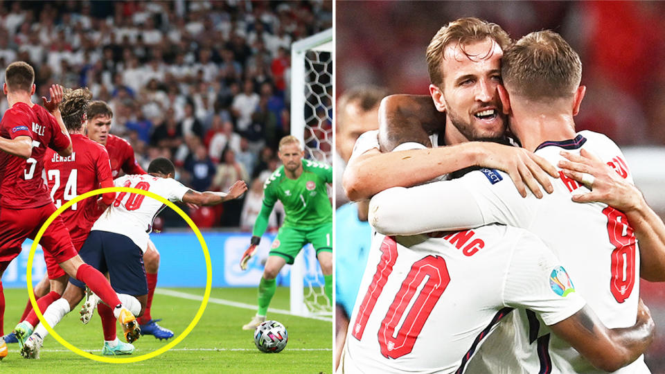 Raheem Sterling (pictured left) won a controversial penalty for England to help send them through to the Euro 2020 final. (Getty Images)