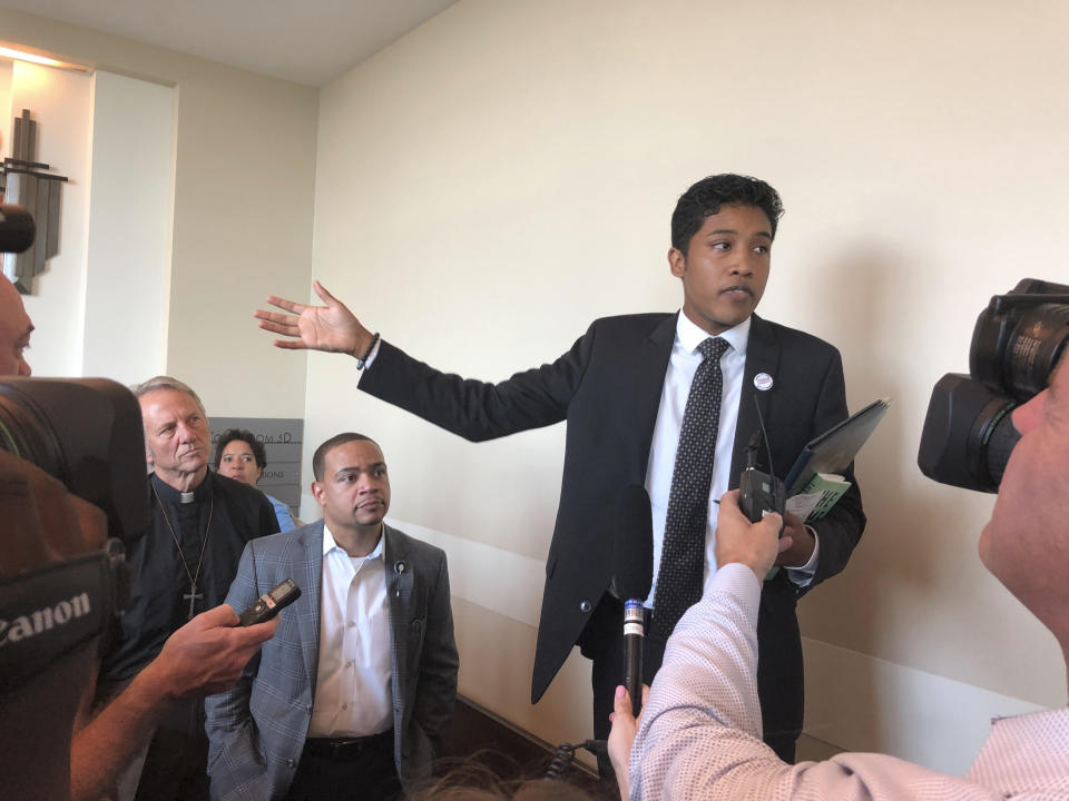 FILE - In a Thursday, July 25, 2019 file photo, activist Justin Jones speaks to supporters and reporters after a hearing in Davidson County General Sessions Court in Nashville. Tennessee Judge Dianne Turner ruled on Thursday, August 15, 2019 that special prosecutor Coffee County District Attorney Craig Northcott, who has come under fire for making anti-gay and anti-Islam remarks, will continue to handle activist Justin Jones’s court case. (AP Photo/Jonathan Mattise, File)