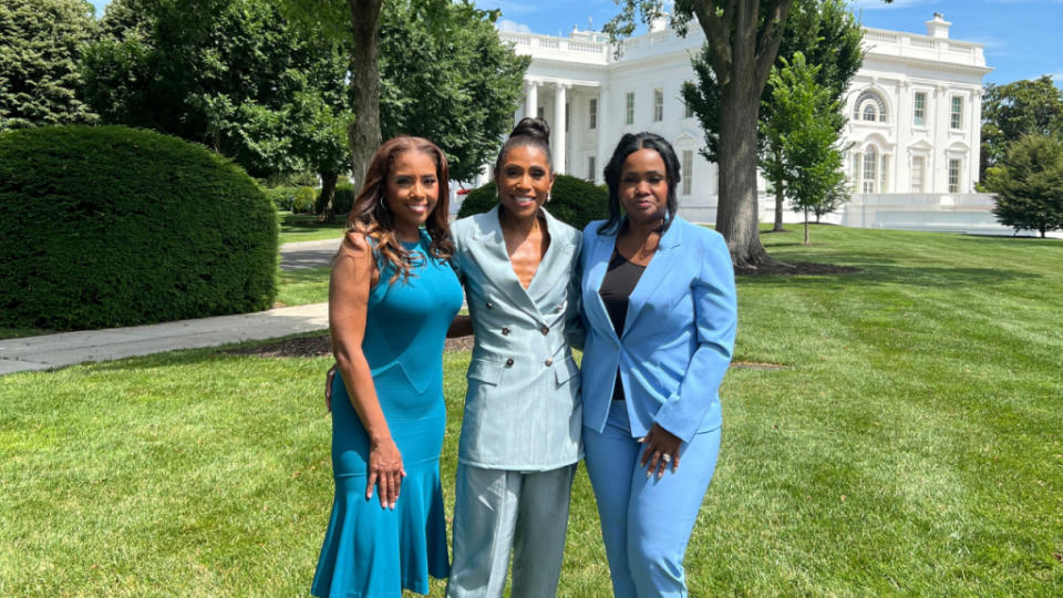 “Married to Medicine” stars Dr. Jackie Walters, Dr. Simone Whitmore and Dr. Heavenly Kimes attended Thursday’s White House moderated talk with Vice President Kamala Harris and Chrissy Teigen. (Photo by Gerren Keith Gaynor/TheGrio)