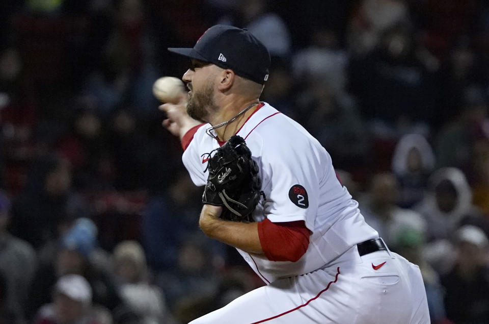 Boston Red Sox relief pitcher John Schreiber delivers during the seventh inning of a baseball game against the Tampa Bay Rays at Fenway Park, Monday, Oct. 3, 2022, in Boston. (AP Photo/Mary Schwalm)