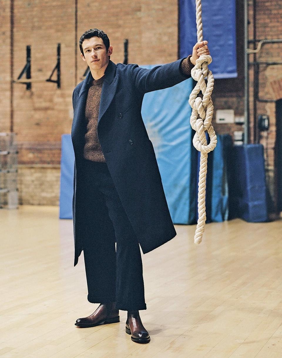 Callum Turner modelling in a GIORGIO ARMANI coat (Isaac Marley Morgan for ES Magazine)