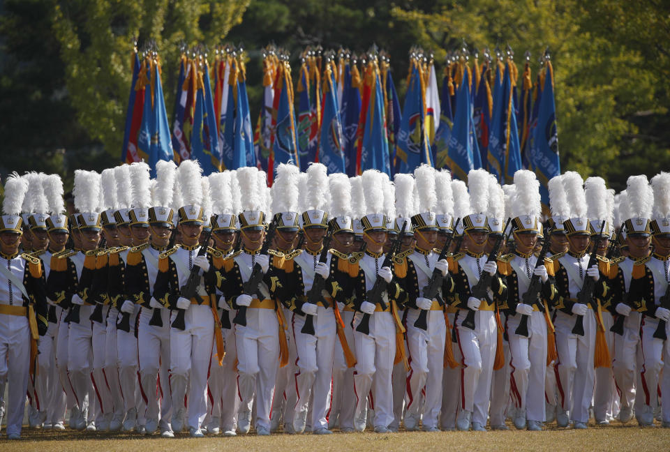 South Korean army soldiers participate in the media day for the 74th anniversary of Armed Forces Day at the military base in Gyeryong-City, South Korea, Thursday, Sept. 29, 2022. Armed Forces Day is observed on Saturday, Oct. 1. (Jeon Heon-Kyun/Pool Photo via AP)