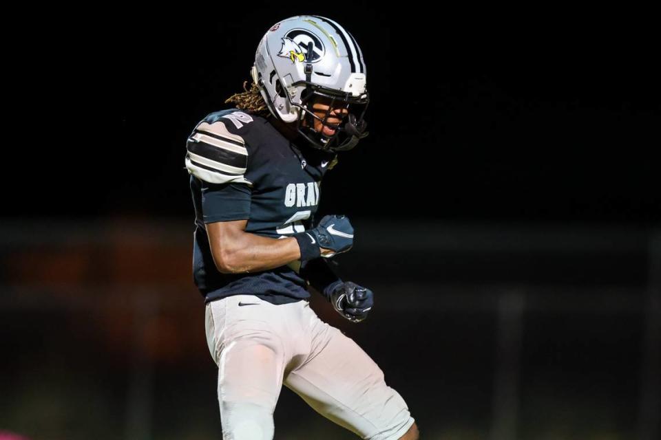 Gray Collegiate Academy War Eagles Zai Offord (2) celebrates a play against the Newberry Bulldogs during their game at the Midlands Sports complex Friday, October 14, 2022.