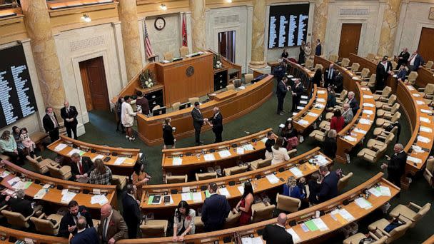 PHOTO: Arkansas lawmakers gather in the House of Representatives chamber at the state Capitol, Jan. 9, 2023, in Little Rock, Ark. (Andrew Demillo/AP)