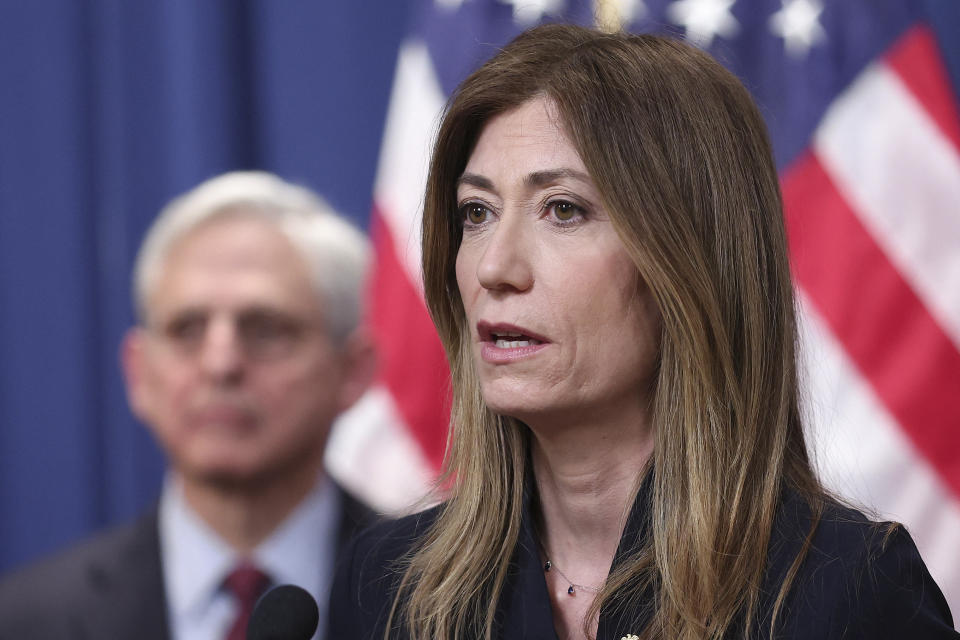 Anne Milgram (R), Administrator of the US Drug Enforcement Administration, accompanied by US Attorney General Merrick Garland (L), answers questions about the extradition and unsealing of an indictment charging former Honduran President Juan Orlando Hernandez with participating in a cocaine-importation conspiracy and related firearms offenses, at the Department of Justice in Washington, DC on April 21, 2022. - The indictment alleges that Hernandez conspired with some of the most violent drug traffickers in the world to traffic hundreds of thousands of kilograms of cocaine for distribution in the United States. (Photo by Win McNamee / POOL / AFP) (Photo by WIN MCNAMEE/POOL/AFP via Getty Images)