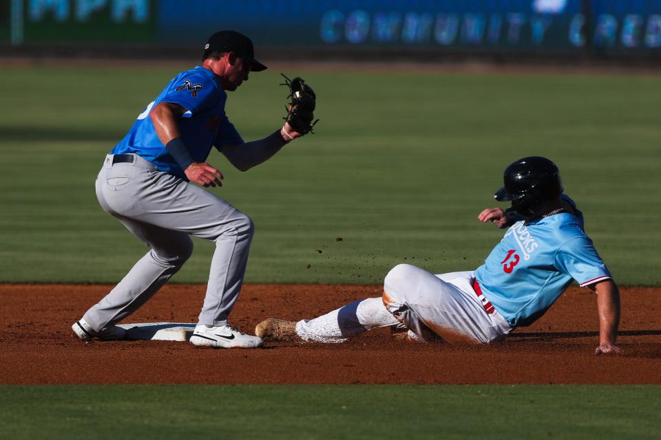 Hooks catcher Luke Berryhill (13) slides safely into second base in a game against Midland on Thursday, July 7, 2022 at Whataburger Field in Corpus Christi, Texas.