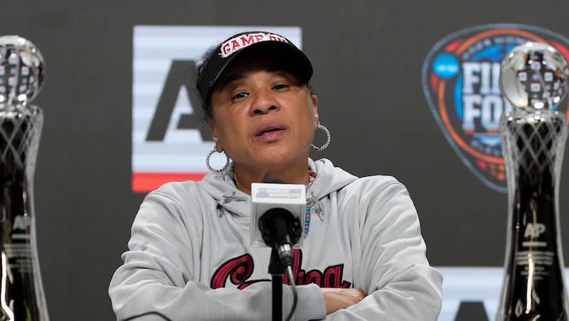 South Carolina head coach Dawn Staley speaks during a news conference announcing the AP NCAA Women's Coach of the Year Thursday, April 4, 2024, in Cleveland.