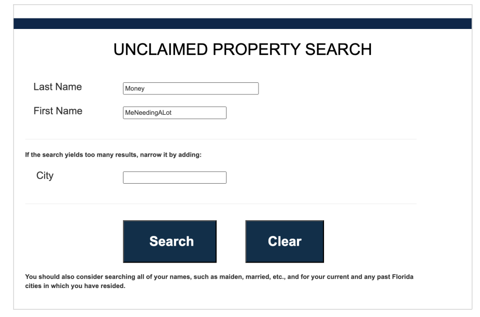 A form with the inscription "Search for unclaimed property" with fields for last name, first name, location and buttons to search or delete