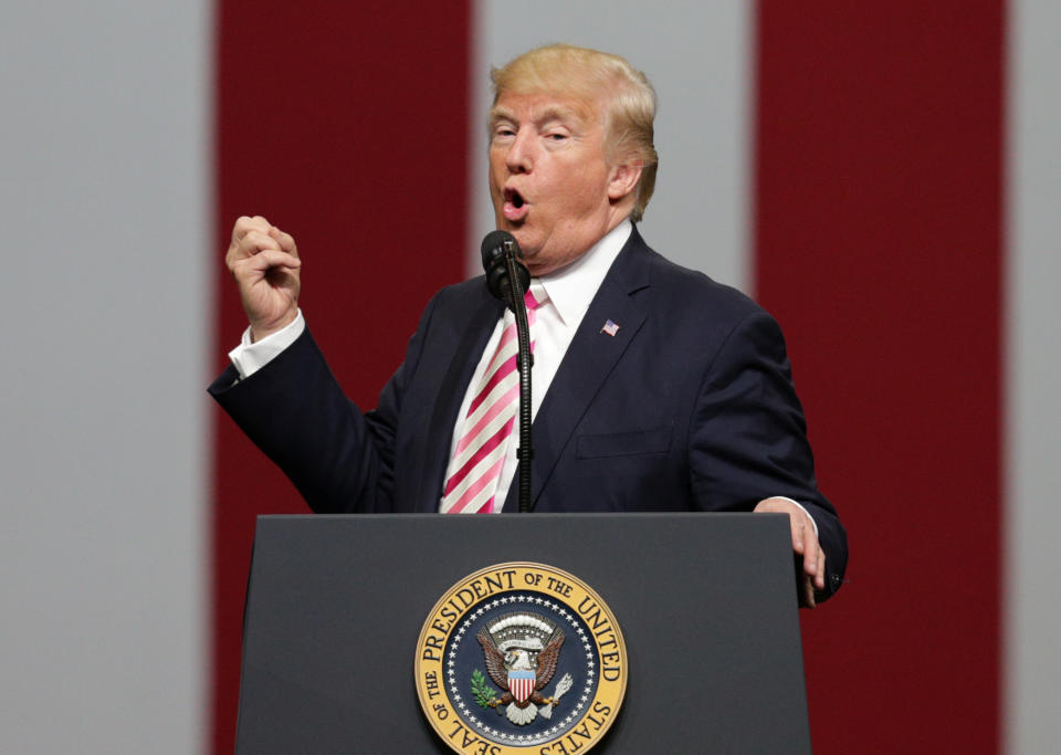 President Donald Trump speaks to supporters during a rally for Senator Luther Strange at the Von Braun Centre in Huntsville, Alabama, U.S. September 22, 2017. REUTERS/Marvin Gentry