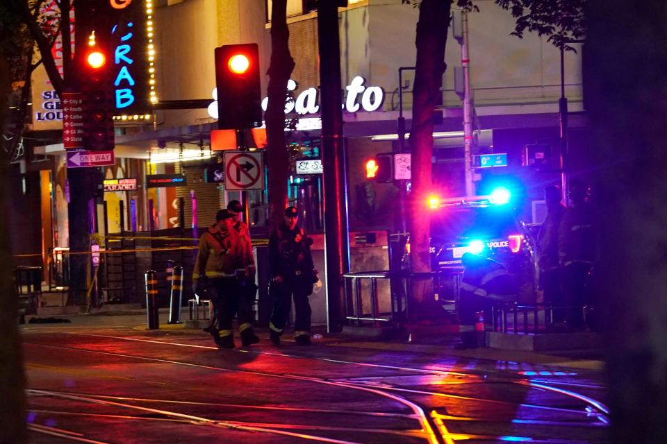 Emergency personnel respond to a mass shooting in Sacramento, Calif., on April 3.