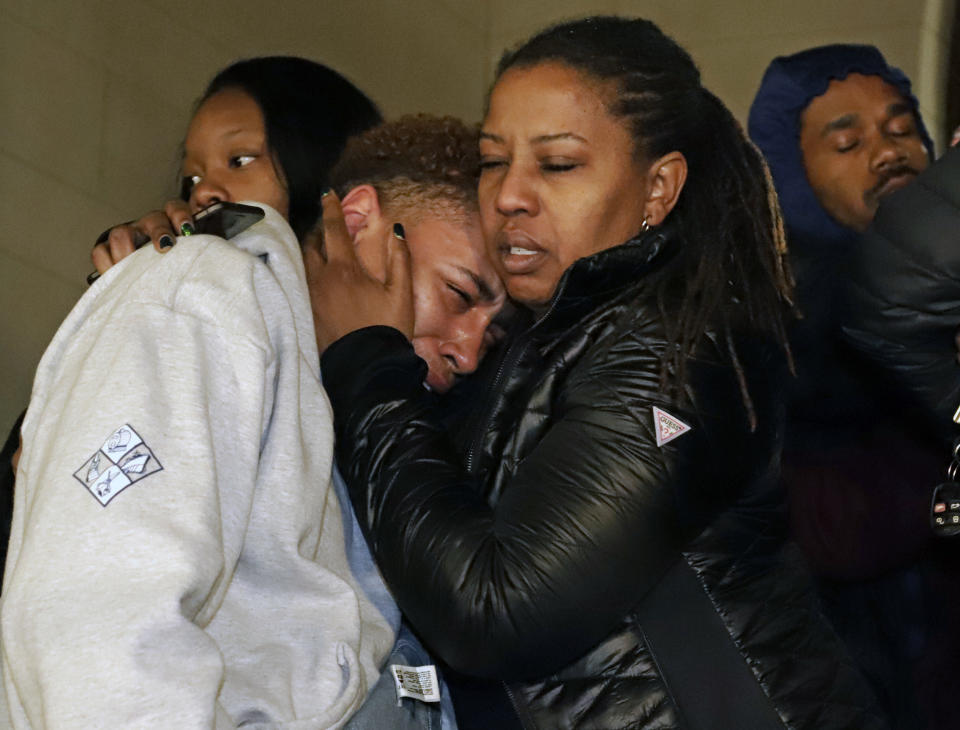 Supporters of Antwon Rose II, leave the Allegheny County Courthouse after hearing the verdict of not guilty on all charges for Michael Rosfeld, a former police officer in East Pittsburgh, Pa., Friday, March 22, 2019. Former East Pittsburgh Police Officer Michael Rosfeld was charged with homicide for shooting Antwon Rose II in the back last June. (AP Photo/Gene J. Puskar)