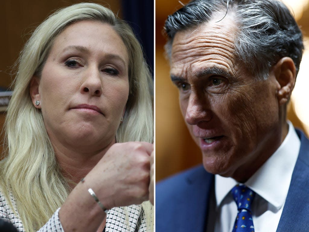 A composite image showing Rep. Marjorie Taylor Greene, left, her fist raised in a fistbump position. On the right, Mitt Romney, in a blue jacket and tie.