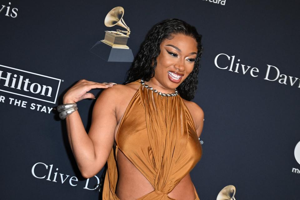 Megan Thee Stallion arrives for the Recording Academy and Clive Davis' Salute To Industry Icons pre-Grammy gala at the Beverly Hilton hotel in Beverly Hills, California, on Feb. 3, 2024.