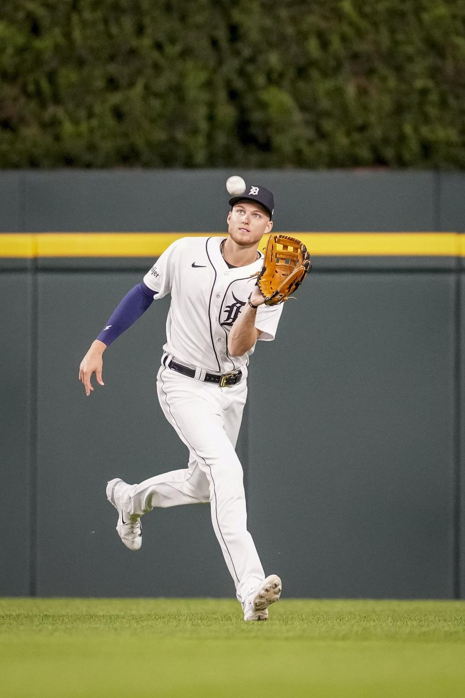 Tigers center fielder Parker Meadows catches a lineout during the top of the seventh inning of the Tigers' 3-1 win over the White Sox on Saturday, Sept. 9, 2023, at Comerica Park.