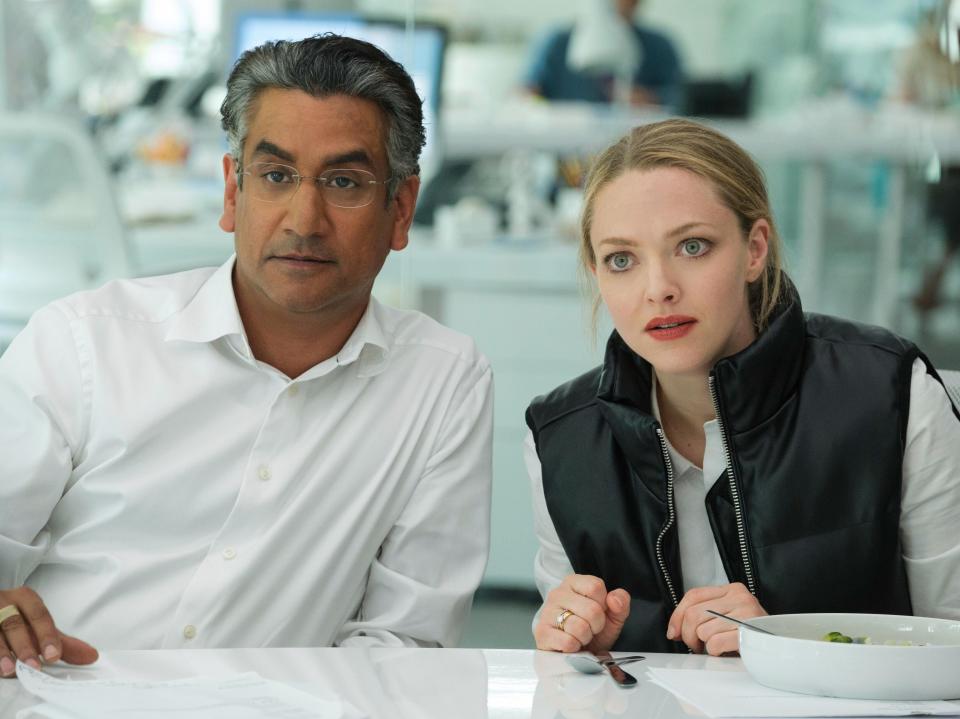 Naveen Andrews as Sunny Balwani, left, and Amanda Seyfried as Elizabeth Holmes in ‘The Dropout’ (AP)