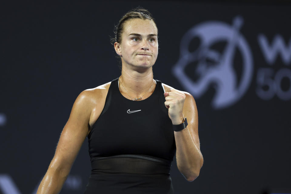 Aryna Sabalenka of Belarus reacts after winning a point in her match against Lin Zhu of China during the Brisbane International tennis tournament in Brisbane, Australia, Thursday, Jan. 4, 2024. (AP Photo/Tertius Pickard)