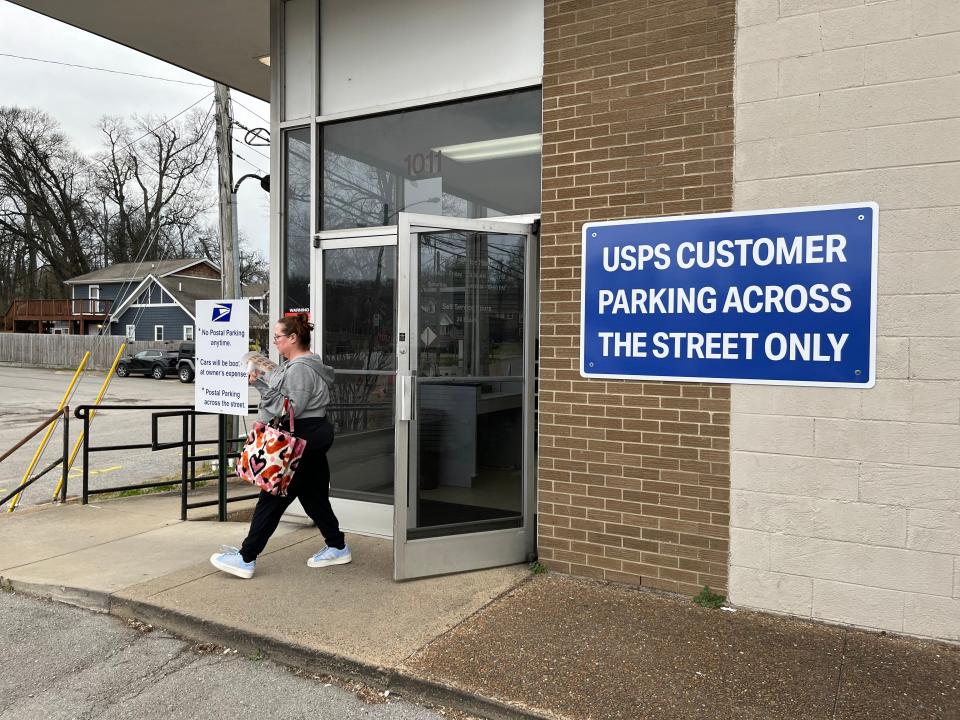 A customer walks out of the Inglewood Post Office in East Nashville on Tuesday, Feb. 27, 2024. (Credit: Kelly Puente)
