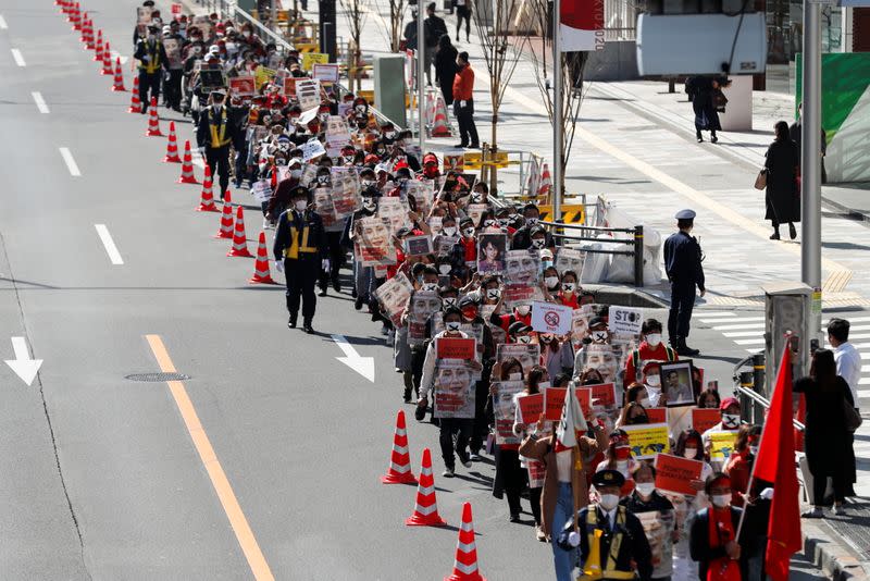 Demonstrators protest against the military coup in Myanmar, in Tokyo