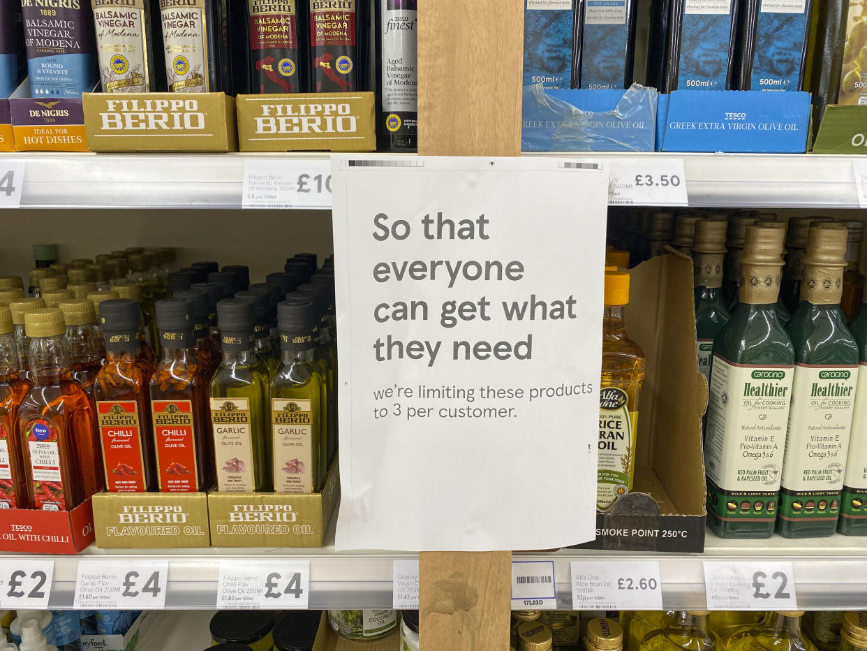 Cooking oil on shelves in a Tesco store in Ashford, Surrey. Supermarkets across the UK have placed limits on how much cooking oil customers can buy due to supply-chain problems caused by Russia's invasion of Ukraine. Picture date: Saturday April 23, 2022. (Photo by Steve Parsons/PA Images via Getty Images)