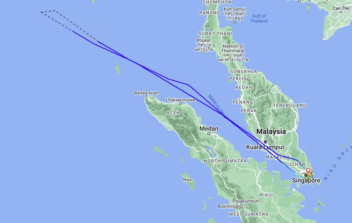 There and back: Flightpath of British Airways flight BA12 from Singapore, which turned back after severe turbulence (Flightradar24)