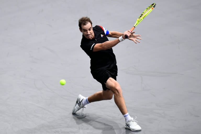 France's Richard Gasquet returns the ball to USA's Steve Johnson at the ATP World Tour Masters 1000 indoor tournament in Paris on November 1, 2016