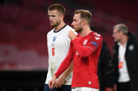 COPENHAGEN, DENMARK - SEPTEMBER 08: Eric Dier of England and Christian Eriksen of Denmark leave the pitch following the UEFA Nations League group stage match between Denmark and England at Parken Stadium on September 08, 2020 in Copenhagen, Denmark. (Photo by Michael Regan/Getty Images)