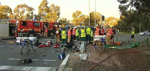 Emergency services at the scene of the Medindie crash.