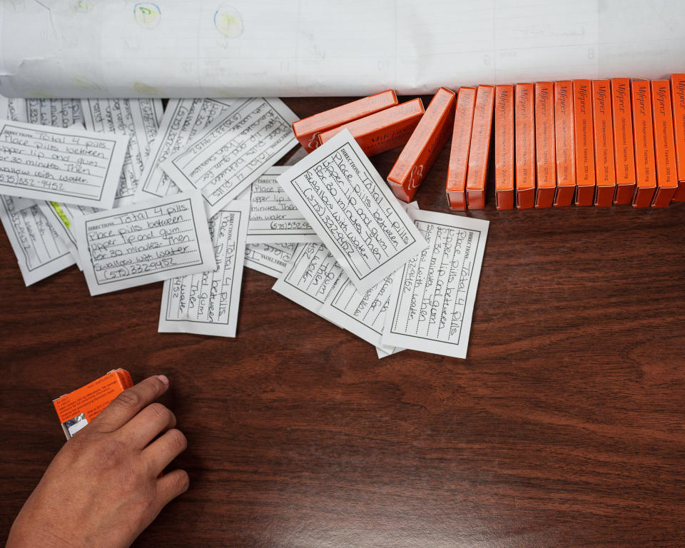 Doses of Mifepristone, the abortion pill, and Misoprostol, which is taken the day after to cause cramping and bleeding to empty the uterus, are pictured at Dr. Franz Theards Womens Reproductive Clinic in Santa Teresa, New Mexico on May 7, 2022<span class="copyright">Paul Ratje—The Washington Post/Getty Images</span>