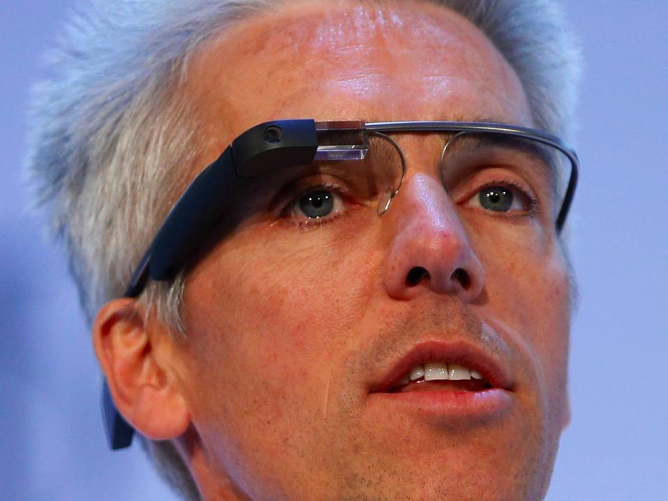 Managing Director of Google UK, Dan Cobley wears Google Glass as he speaks at the Institute of Directors annual convention in London September 18, 2013.