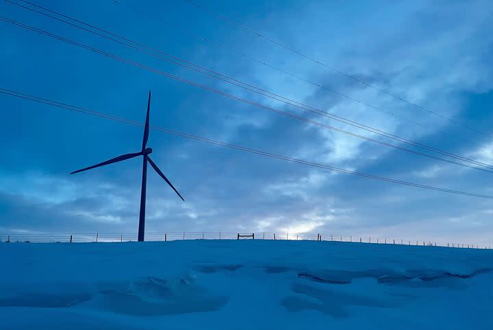 A wind turbine on a farmer’s land near Aberdeen.