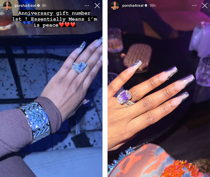 A split of Porsha Williams showing her new diamond ring from Simon Guobadia.