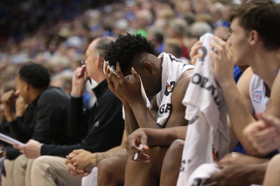 Kansas sophomore KJ Adams shows his frustration on the bench as Oklahoma increases its lead in the second half of their Jan. 10 game at Allen Fieldhouse. The Jayhawks came back from 10 points down in the final five minutes to win 79-75.