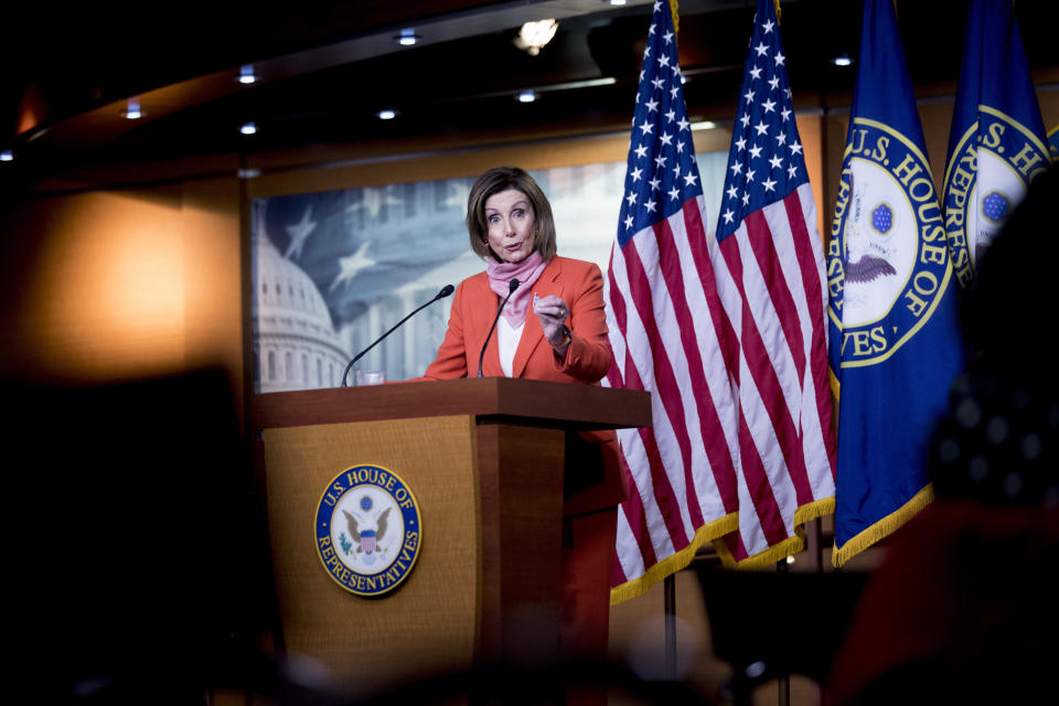 House Speaker Nancy Pelosi of Calif., speaks during a news conference on Capitol Hill, Friday, April 24, 2020, in Washington. (AP Photo/Andrew Harnik)