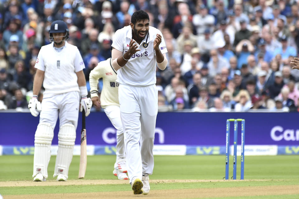 India's Jasprit Bumrah celebrates after dismissing England's Ollie Pope during the second day of the fifth cricket test match between England and India at Edgbaston in Birmingham, England, Saturday, July 2, 2022. (AP Photo/Rui Vieira)