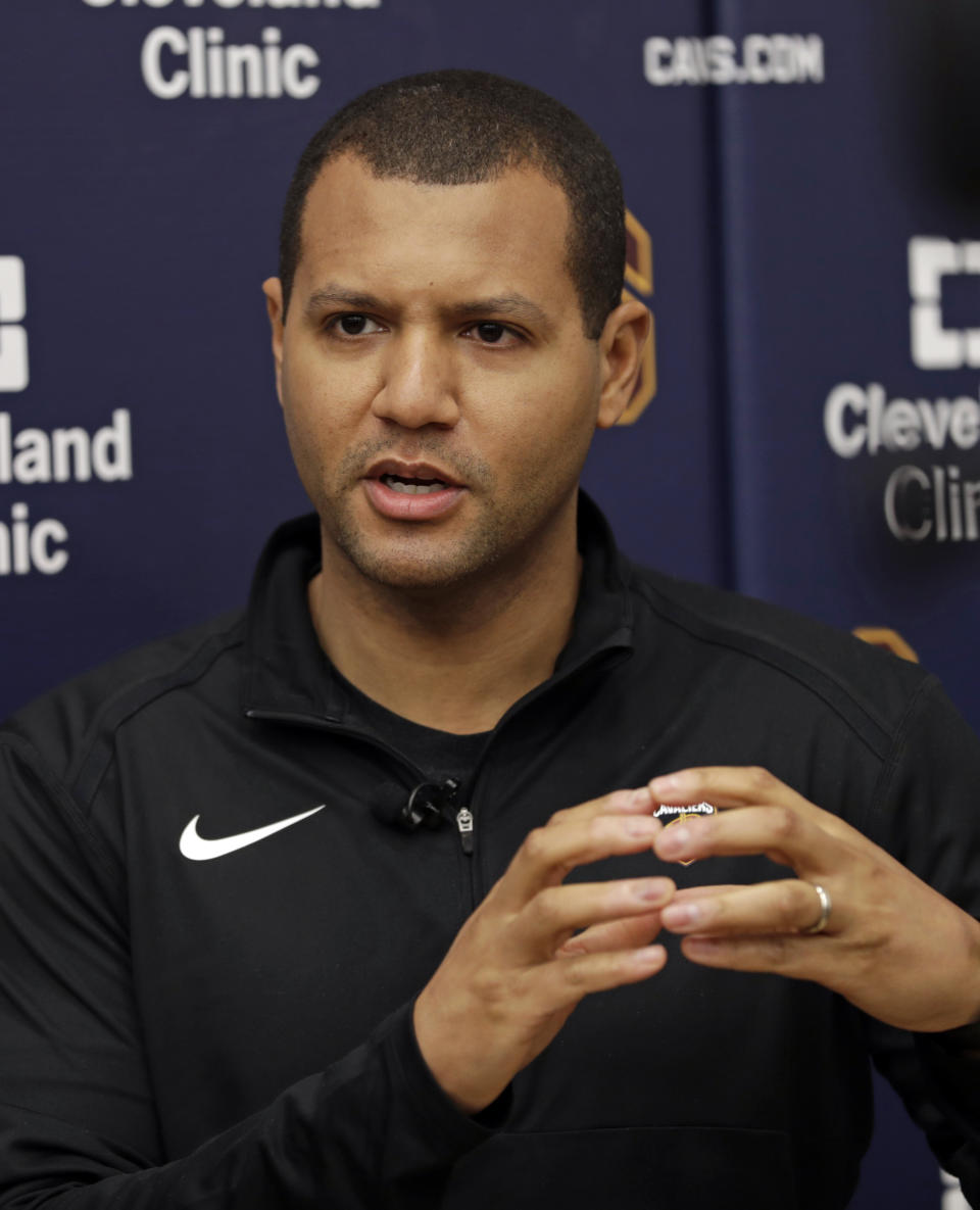 Cleveland Cavaliers general manager Koby Altman speaks to the media at the team's training facility, Friday, April 12, 2019, in Independence, Ohio. Once again, the Cavaliers are looking for a coach. The team parted ways with Larry Drew and have begun their search for his replacement to continue their rebuild. (AP Photo/Tony Dejak)