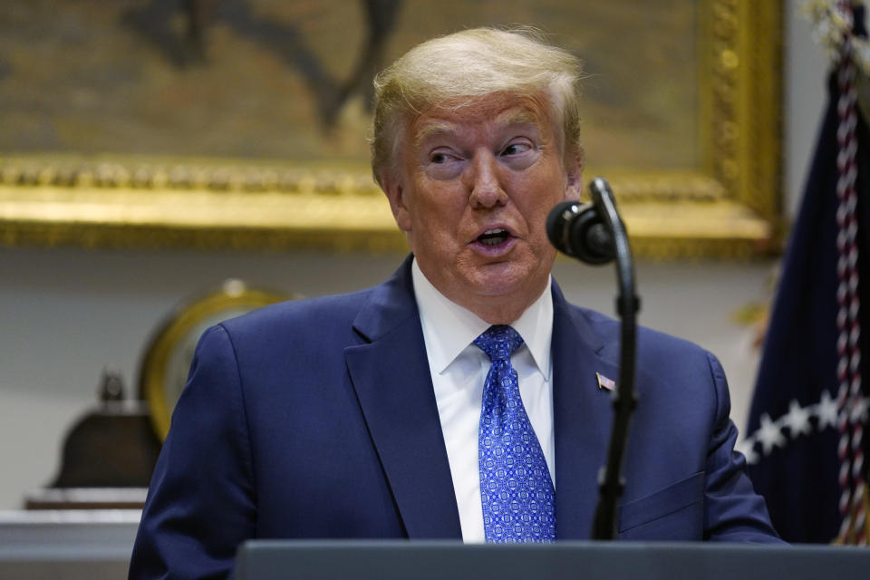 President Donald Trump speaks during an event on the food supply chain during the coronavirus pandemic, in the Roosevelt Room of the White House, Tuesday, May 19, 2020, in Washington. (AP Photo/Evan Vucci)