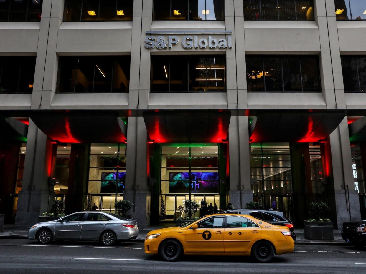 S&P Global logo is displayed on its offices in New York