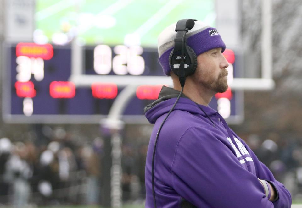 Mount Union head coach Geoff Dartt watches Wartburg with the ball with under 30 seconds left in the game and Mount Union ahead during their Division III football semifinal at Kehres Stadium Saturday, December 10, 2022.