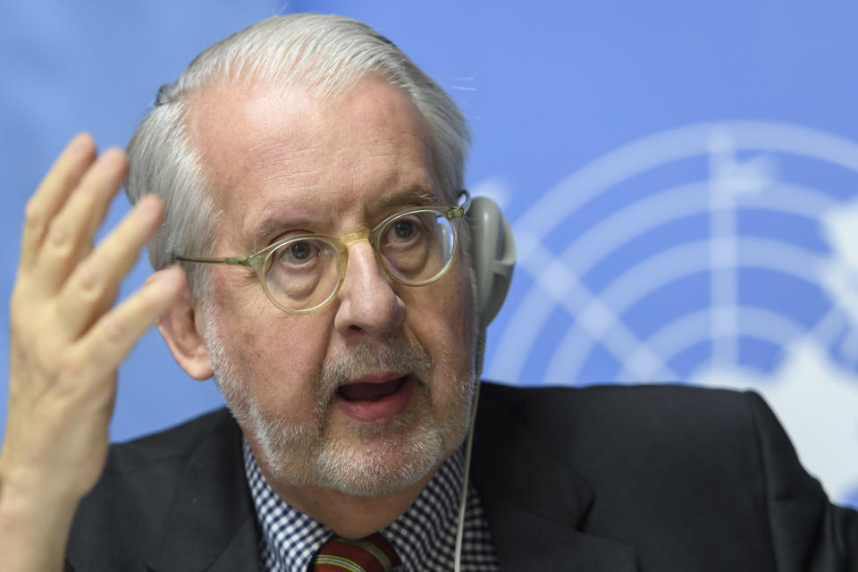 Paulo Pinheiro, Chairperson of the Independent Commission of Inquiry on the Syrian Arab Republic, speaks to the media during a press conference, at the European headquarters of the United Nations in Geneva, Switzerland, Wednesday, March 1, 2017. (Martial Trezzini/Keystone via AP)